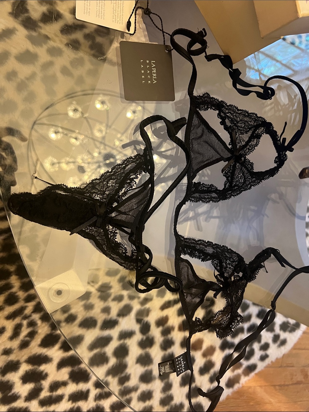 La Perla Black Lace Strappy Bralette (3) and Thong (1) Set
